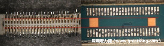 把板對板連接器與其電路板的佈線焊墊作一個比較，端子的切斷面有毛邊的地方剛好對到了裸銅區。