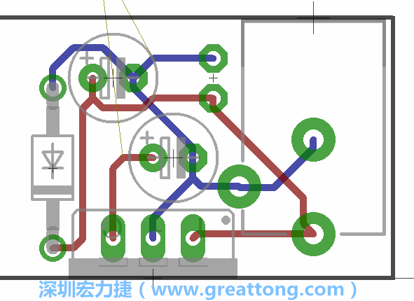 接地連結(jié)點(diǎn)的布線情形如下圖所示，利用這個(gè)練習(xí)來(lái)避免電路連線銳角化的產(chǎn)生是一個(gè)不錯(cuò)的選擇，你可以在工具列中的彎曲線路（Wire Bend）選項(xiàng)里改變各種布線的變化。